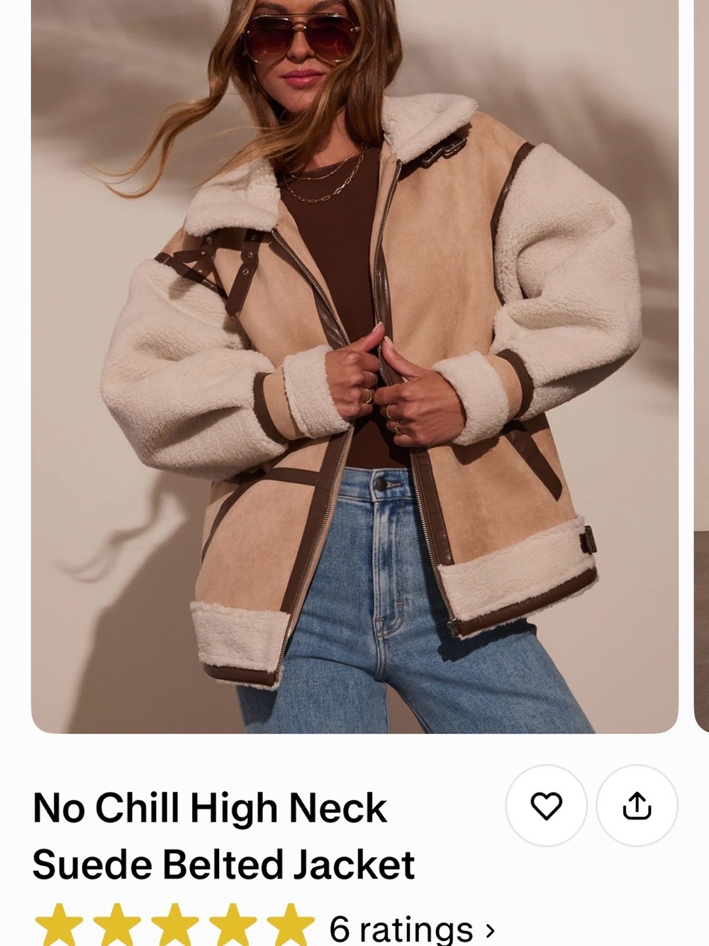 VICI no chill High-Neck Teddy Suede Jacket in Cream & Tan